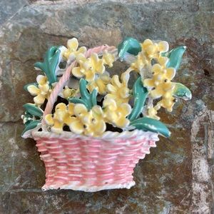 Vintage Enamel Basket of Flowers Broach
